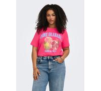 Rundhalsshirt ONLY CARMAKOMA "CARJENNY LIFE SS PRINT JEANS TEE JRS", Damen, Gr. S, pink (raspberry print:granada), Jersey, Obermaterial: 100% Baumwolle, bedruckt, regular fit normal, Rundhals, Shirts