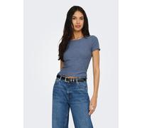 Rundhalsshirt ONLY "ONLEMMA S/S SHORT TOP NOOS JRS", Damen, Gr. S (36), blau (vintage indigo), Jersey, Obermaterial: 65% Polyester, 30% Viskose, 5% Elasthan, unifarben, regular fit kurz, Rundhals, gew