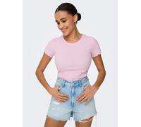 Rundhalsshirt ONLY "ONLEMMA S/S SHORT TOP NOOS JRS", Damen, Gr. XS (34), pink (pink lady), Jersey, Obermaterial: 65% Polyester, 30% Viskose, 5% Elasthan, unifarben, regular fit kurz, Rundhals, gewellt