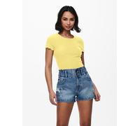 Rundhalsshirt ONLY "ONLEMMA S/S SHORT TOP NOOS JRS", Damen, Gr. XS, dusky citron, Jersey, Obermaterial: 65% Polyester, 30% Viskose, 5% Elasthan, unifarben, regular fit kurz, Rundhals, gewellter Abschl