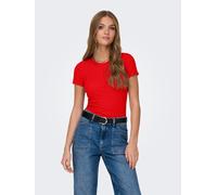 Rundhalsshirt ONLY "ONLEMMA S/S SHORT TOP NOOS JRS", Damen, Gr. XS, flame scarlet, Jersey, Obermaterial: 65% Polyester, 30% Viskose, 5% Elasthan, unifarben, regular fit kurz, Rundhals, gewellter Absch