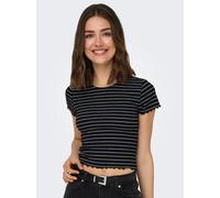Rundhalsshirt ONLY "ONLEMMA STRIPE S/S TOP", Damen, Gr. S (36), schwarz (schwarz stripes:cloud dancer), Jersey, Obermaterial: 65% Polyester, 30% Viskose, 5% Elasthan, gestreift, figurbetont kurz, Rund