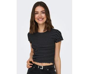 Rundhalsshirt ONLY "ONLEMMA STRIPE S/S TOP", Damen, Gr. XS (34), schwarz (schwarz stripes:cloud dancer), Jersey, Obermaterial: 65% Polyester, 30% Viskose, 5% Elasthan, gestreift, figurbetont kurz, Run