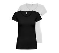 Rundhalsshirt ONLY "ONLLIVELOVE LIFE S/S O-NECK TOP", Damen, Gr. XS (34), schwarz-weiß (schwarz, weiß), Jersey, Obermaterial: 95% Baumwolle, 5% Elasthan, unifarben, normal normal, Rundhals, Shirts Run