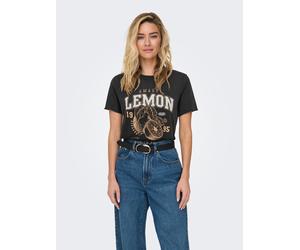 Rundhalsshirt ONLY "ONLLUCY REG S/S TOP JRS NOOS", Damen, Gr. L, schwarz print:fruity lemon, Single Jersey, Obermaterial: 100% Baumwolle, bedruckt, regular fit normal, Rundhals, Shirts Rundhalsshirt,