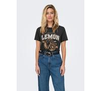 Rundhalsshirt ONLY "ONLLUCY REG S/S TOP JRS NOOS", Damen, Gr. S, schwarz print:fruity lemon, Single Jersey, Obermaterial: 100% Baumwolle, bedruckt, regular fit normal, Rundhals, Shirts Rundhalsshirt,