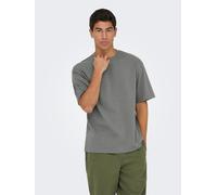 Rundhalsshirt ONLY & SONS "ONSCASPIAN AUT SS TEE", Herren, Gr. M, grau (castor gray), Jersey, Obermaterial: 61% Baumwolle, 22% Elastomultiester, 17% Polyester, unifarben, normal normal, Rundhals, Shir
