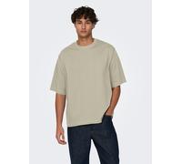 Rundhalsshirt ONLY & SONS "ONSMILLENIUM OVZ SS TEE NOOS", Herren, Gr. S, beige (silber lining), Single Jersey, Obermaterial: 100% Baumwolle, unifarben, loose fit normal, Rundhals, gerader Abschluss, S