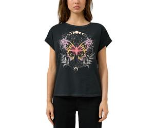 Rundhalsshirt QS, Damen, Gr. S (36), schwarz, Jersey, Obermaterial: 100% Baumwolle, bedruckt, normal hüftbedeckend, Rundhals, Shirts Rundhalsshirt, mit großem Print (61680900-S) schwarz