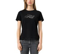 Rundhalsshirt QS, Damen, Gr. S (36), schwarz, Jersey, Obermaterial: 100% Baumwolle, bedruckt, tailliert hüftbedeckend, Rundhals, Shirts Rundhalsshirt, mit Letter-Print und Spitze am Saum (69229627-S)