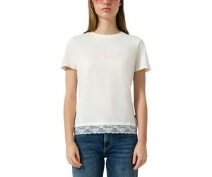 Rundhalsshirt QS, Damen, Gr. S (36), weiß, Jersey, Obermaterial: 100% Baumwolle, bedruckt, tailliert hüftbedeckend, Rundhals, Shirts Rundhalsshirt, mit Letter-Print und Spitze am Saum (65223439-S) wei