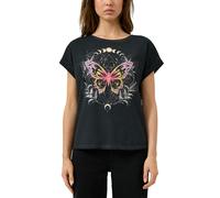 Rundhalsshirt QS, Damen, Gr. XS (34), schwarz, Jersey, Obermaterial: 100% Baumwolle, bedruckt, normal hüftbedeckend, Rundhals, Shirts Rundhalsshirt, mit großem Print (61680900-XS)