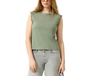 Rundhalsshirt QS, Damen, Gr. XXL (44), grün (olive), Jersey, Obermaterial: 100% Baumwolle, unifarben, normal hüftbedeckend, Rundhals, Häkelkante, Shirts Rundhalsshirt, mit Häkel-Details an der Schulte