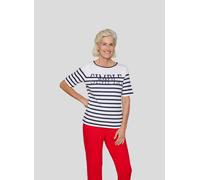 Rundhalsshirt RABE, Damen, Gr. 40, blau (marine), Jersey, Obermaterial: 100% Baumwolle, gestreift, tailliert hüftbedeckend, Rundhals, Shirts Rundhalsshirt, im Streifen-Design und mit Letter-Print (572