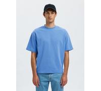 Rundhalsshirt SELECTED "SLHLOOSEOSCAR SS O-NECK TEE NOOS", Herren, Gr. M, blau (blau bonnet), Jersey, Obermaterial: 44% Baumwolle, 35% Polyester, 21% Elastomultiester, unifarben, loose fit normal, Run
