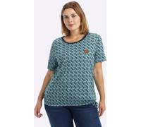 Rundhalsshirt SHEEGO "Halbarmshirt", Damen, Gr. 52/54, blau (ocker, tiefblau, bedruckt), 50% Baumwolle, 50% Modal, bedruckt, gemustert, Shirts Rundhalsshirt (42021637-52) ocker, tiefblau, bedruckt