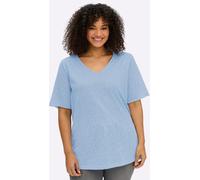 Rundhalsshirt SHEEGO "T-Shirt", Damen, Gr. 52/54, blau (eisblau), 60% Baumwolle, 40% Polyester, gemustert, V-Ausschnitt, Shirts Rundhalsshirt (44781538-52) eisblau