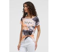 Rundhalsshirt SOCCX, Damen, Gr. S, bunt (neon apricot), Web, Material: Grundmaterial: 100% Polyester, Ausbrenner: 100% Viskose, Glitzermuster, bedruckt, regular fit normal, Rundhals, eingesetzt, Shirt