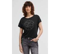 Rundhalsshirt SOCCX, Damen, Gr. XS, schwarz, Single Jersey, Material: 100% Baumwolle, Glitzermuster, bedruckt, regular fit normal, Rundhals, angeschnitten Bündchen, Shirts Rundhalsshirt, mit überschni