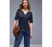 Rundhalsshirt STREET ONE, Damen, Gr. 34, shadowed navy, Jersey, Obermaterial: 50% Baumwolle, 50% Modal, unifarben, tailliert hüftbedeckend, Rundhals, Shirts Rundhalsshirt, mit lässigem Splitneck - Hal