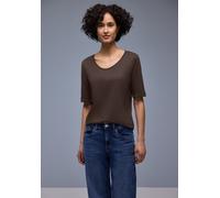 Rundhalsshirt STREET ONE, Damen, Gr. 36, molten earth, Jersey, Obermaterial: 50% Baumwolle, 50% Modal, unifarben, tailliert hüftbedeckend, V-Ausschnitt, Aufschlag, Shirts Rundhalsshirt, Halbarm mit Tu