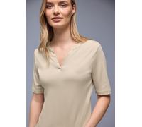 Rundhalsshirt STREET ONE, Damen, Gr. 38, beige (cotton beige), Jersey, Obermaterial: 50% Baumwolle, 50% Modal, unifarben, tailliert hüftbedeckend, Rundhals, Shirts Rundhalsshirt, mit lässigem Splitnec