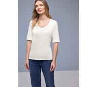 Rundhalsshirt STREET ONE, Damen, Gr. 38, sanftes weiß, Jersey, Obermaterial: 50% Baumwolle, 50% Modal, unifarben, tailliert hüftbedeckend, V-Ausschnitt, Aufschlag, Shirts Rundhalsshirt, Halbarm mit Tu