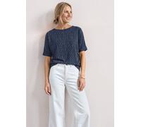 Rundhalsshirt STREET ONE, Damen, Gr. 40, blau (ashen blau), Jersey, Obermaterial: 95% Viskose, 5% Elasthan, gemustert, normal hüftbedeckend, Rundhals, abgesteppte Kante, Shirts Rundhalsshirt, Sommersh