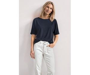 Rundhalsshirt STREET ONE, Damen, Gr. 40, blau (schwarzest blau), Jersey, Obermaterial: 50% Baumwolle, 50% Modal, unifarben, lässig geschnitten hüftbedeckend, U-Boot-Ausschnitt, abgesteppte Kante, Shir