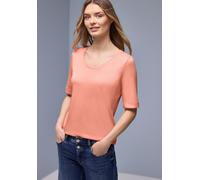 Rundhalsshirt STREET ONE, Damen, Gr. 40, light apricot, Jersey, Obermaterial: 50% Baumwolle, 50% Modal, unifarben, tailliert hüftbedeckend, V-Ausschnitt, Aufschlag, Shirts Rundhalsshirt, Halbarm mit T