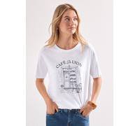 Rundhalsshirt STREET ONE, Damen, Gr. 40, weiß, Jersey, Obermaterial: 50% Baumwolle, 50% Modal, bedruckt, normal hüftbedeckend, Rundhals, abgesteppte Kante, Shirts Rundhalsshirt, Sommershirt mit Frontp