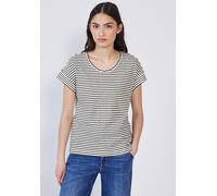 Rundhalsshirt STREET ONE STUDIO, Damen, Gr. 34, grün (desert pine grün), Web, 75% Baumwolle, 25% Polyester, gestreift, comfort fit normal, Rundhals, Bündchen, Shirts Rundhalsshirt, mit Rundhalsausschn