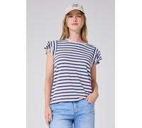 Rundhalsshirt STREET ONE STUDIO, Damen, Gr. 46, optic blau, Stoff, 95% Viskose, 5% Elasthan, gestreift, normal normal, Rundhals, Rüschen, Shirts Rundhalsshirt, mit Volantärmeln (19693321-46) optic bla