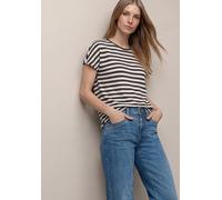 Rundhalsshirt STREET ONE "Style Cris", Damen, Gr. 42, espresso braun, Strick, Obermaterial: 53% Viskose, 44% Polyester, 3% Elasthan, gestreift, normal hüftbedeckend, Rundhals, abgesteppte Kante, Shirt
