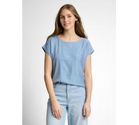 Rundhalsshirt TOM TAILOR DENIM, Damen, Gr. XS, small mid blau weiß, Web, Obermaterial: 58% Viskose, 38% Polyester, 4% Elasthan, geringelt, gestreift, normal taillenlang, Rundhals, Shirts Rundhalsshirt