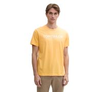 Rundhalsshirt TOM TAILOR, Herren, Gr. L, gelb (peachy orange), Single Jersey, Obermaterial: 100% Baumwolle, bedruckt, regular fit hüftbedeckend, Rundhals, Shirts Rundhalsshirt, mit Logoprint (91309445