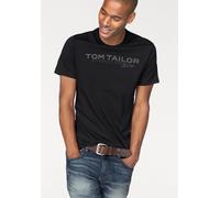 Rundhalsshirt TOM TAILOR, Herren, Gr. L, schwarz, Single Jersey, Obermaterial: 100% Baumwolle, bedruckt, regular fit hüftbedeckend, Rundhals, Shirts Rundhalsshirt, mit Logoprint (620437-L)