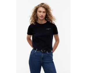 Rundhalsshirt TOMMY HILFIGER "1985 REG MINI CORP LOGO C-NK SHORT SLEEVE", Damen, Gr. L, blau (nos desert sky), Single Jersey, Obermaterial: 95% Baumwolle, 5% Elasthan, unifarben, Basic, regular fit hü