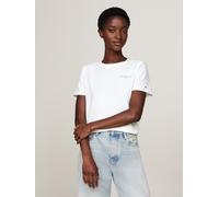 Rundhalsshirt TOMMY HILFIGER "1985 REG MINI CORP LOGO C-NK SHORT SLEEVE", Damen, Gr. S, weiß (nos ecru), Single Jersey, Obermaterial: 95% Baumwolle, 5% Elasthan, unifarben, Basic, regular fit hüftbede