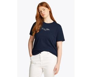 Rundhalsshirt TOMMY HILFIGER CURVE "CRV REG SCRIPT C-NK TEE SS", Damen, Gr. 48, blau (schwarz night navy), Single Jersey, Obermaterial: 100% Baumwolle, unifarben, tailored fit, Rundhals, abgerundeter