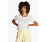 Rundhalsshirt TOMMY HILFIGER "SLIM 5X2 RIB O-NK SS", Damen, Gr. XXL (44), beige (ecru), Feinstrick, Obermaterial: 95% Viskose, 5% Elasthan, unifarben, Basic, slim fit hüftlang, Rundhals, eingesetzt ab