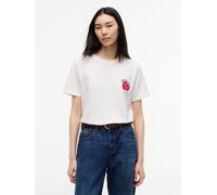 Rundhalsshirt TOMMY JEANS "TJW RLX NOVELTY TEE", Damen, Gr. S (36/38), weiß (ecru), Single Jersey, Obermaterial: 100% Baumwolle, bedruckt, relaxed fit normal, Rundhals, Shirts Rundhalsshirt, Baumwolle