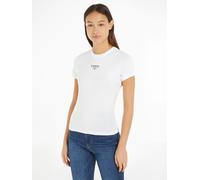 Rundhalsshirt TOMMY JEANS "TJW SLIM ESSENTIAL LOGO 1 SS EXT", Damen, Gr. XS (34), weiß, Single Jersey, Obermaterial: 60% Baumwolle, 40% Polyester, bedruckt, unifarben, figurbetont, Rundhals, eingesetz