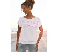Rundhalsshirt VENICE BEACH, Damen, Gr. 36/38, weiß (weiß, flieder), Slub, Obermaterial: 65% Polyester, 35% Viskose, mehrfarbig, figurumspielend hüftlang, Rundhals, Shirts Rundhalsshirt, mit Logoprint,