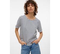 Rundhalsshirt VERO MODA "VMABBY SS ZIP TOP JRS NOOS", Damen, Gr. S, blau (snow weiß stripes:navy blazer), Jersey, Obermaterial: 77% Polyester, 19% Viskose, 4% Elasthan, gestreift, normal, Rundhals, Sh