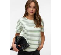 Rundhalsshirt VERO MODA "VMABBY SS ZIP TOP JRS NOOS", Damen, Gr. S, snow weiß stripes:mistletoe, Jersey, Obermaterial: 77% Polyester, 19% Viskose, 4% Elasthan, gestreift, normal, Rundhals, Shirts Rund