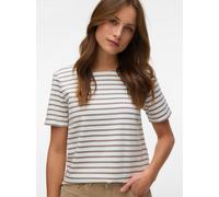 Rundhalsshirt VERO MODA "VMABBY SS ZIP TOP JRS NOOS", Damen, Gr. XS, snow weiß stripes:moon rock, Jersey, Obermaterial: 77% Polyester, 19% Viskose, 4% Elasthan, gestreift, normal, Rundhals, Shirts Run
