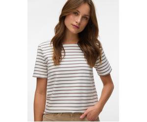 Rundhalsshirt VERO MODA "VMABBY SS ZIP TOP JRS NOOS", Damen, Gr. XS, snow weiß stripes:moon rock, Jersey, Obermaterial: 77% Polyester, 19% Viskose, 4% Elasthan, gestreift, normal, Rundhals, Shirts Run