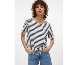 Rundhalsshirt VERO MODA "VMABBY SS ZIP TOP JRS NOOS", Damen, Gr. XXL, blau (snow weiß stripes:navy blazer), Jersey, Obermaterial: 77% Polyester, 19% Viskose, 4% Elasthan, gestreift, normal, Rundhals, 