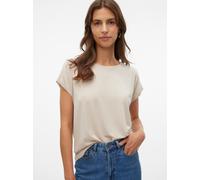 Rundhalsshirt VERO MODA "VMLAVA PLAIN SS TOP LUREX STRIPE", Damen, Gr. S, beige (oatmeal stripes:gold lurex), Jersey, Obermaterial: 82% Viskose, 8% Polyester, 5% Elasthan, 5% metallisierte Fasern, ges